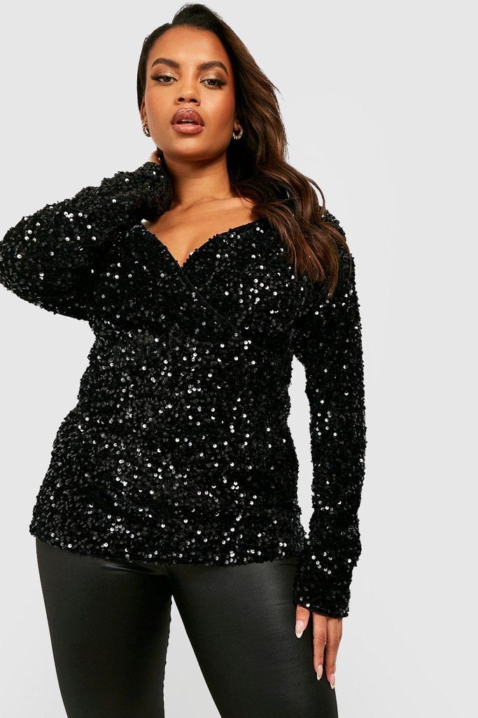 Womens Plus Velvet Sequin Off Shoulder Top - Black - 16, Black