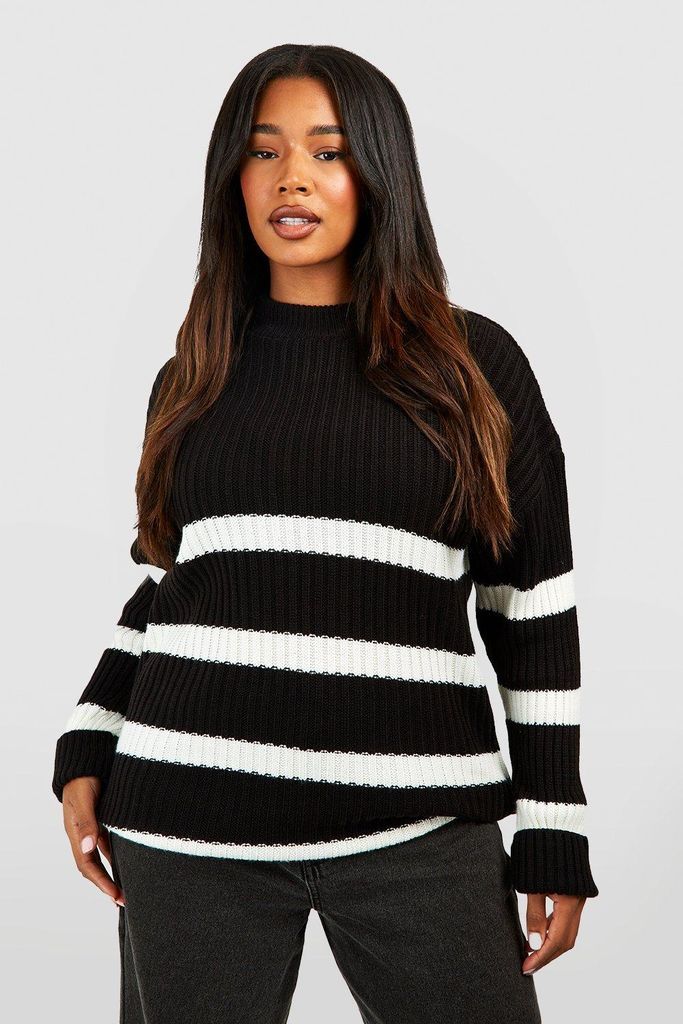 Womens Plus Stripe Boxy Knitted Jumper - Black - 16, Black