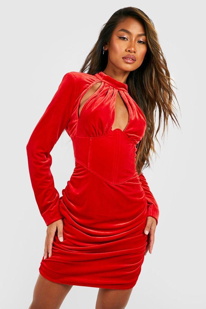Womens Premium Velvet Corset Detail Mini Party Dress - Red - 8, Red