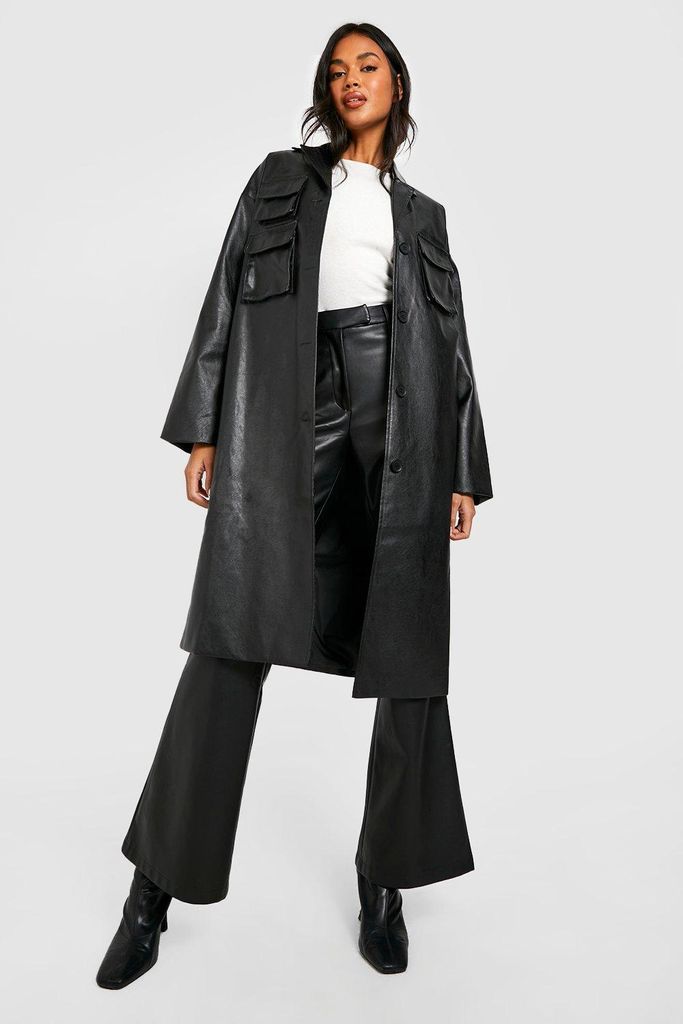 Womens Structured Pocket Detail Pu Coat - Black - 14, Black