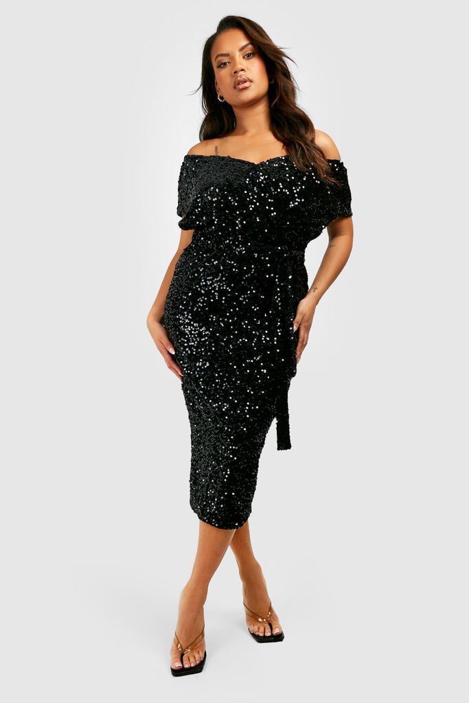 Womens Plus Sequin Off The Shoulder Wrap Midi Dress - Black - 16, Black