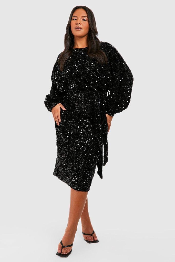 Womens Plus Velvet Sequin Blouson Belted Midi Dress - Black - 16, Black