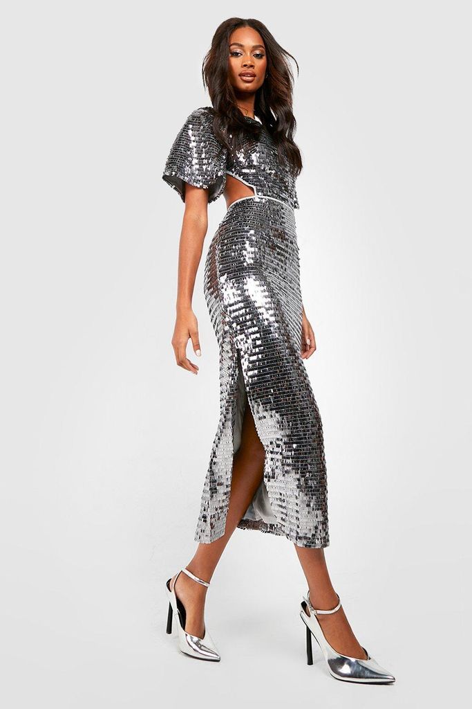 Womens Sequin Angel Sleeve Cut Out Midi Party Dress - Grey - 8, Grey