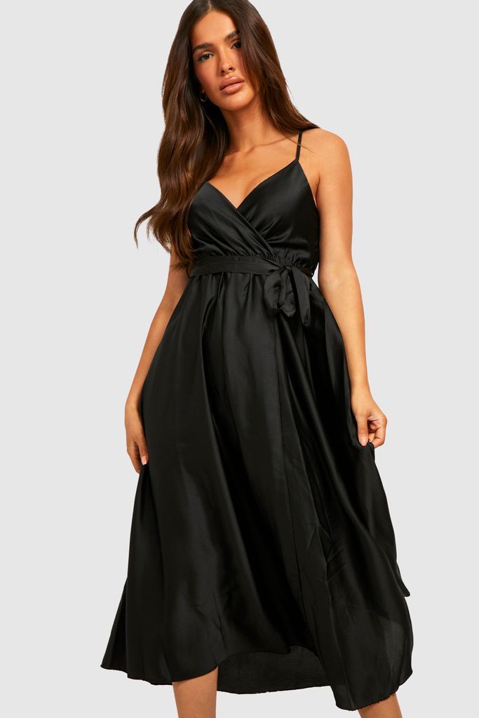 Womens Satin Wrap Self Belted Maxi Dress - Black - 10, Black