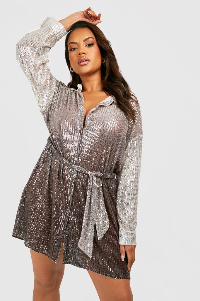 Womens Plus Sequin Ombre Oversized Shirt Dress - Brown - 16, Brown