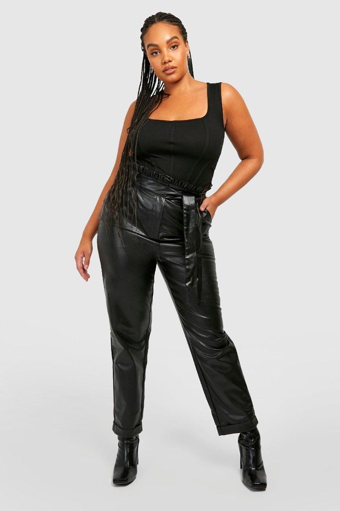 Womens Plus Premium Pu Leather Look Paper Bag Trousers - Black - 16, Black