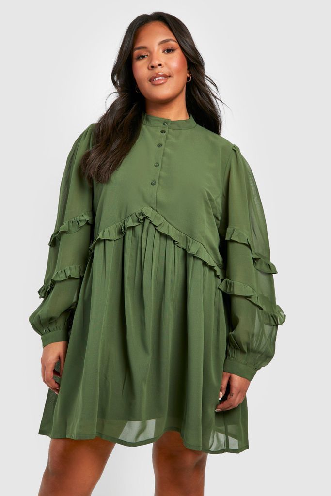 Womens Plus Button Down Ruffle Smock Dress - Green - 26, Green