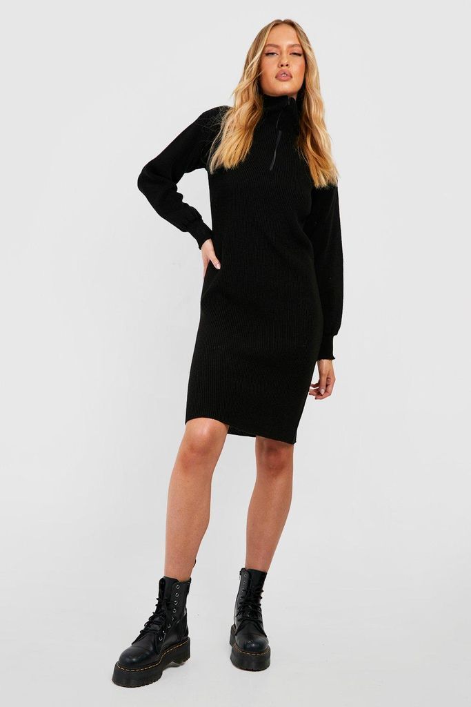 Womens Tall Half Zip Knitted Mini Jumper Dress - Black - 8, Black