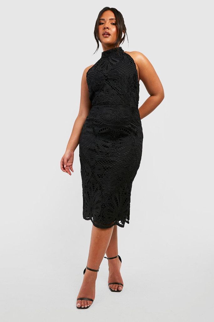 Womens Plus Premium Crochet Lace High Neck Midi Dress - Black - 16, Black