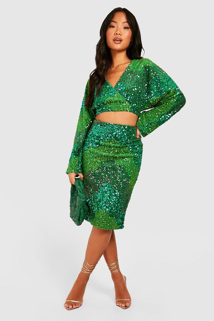 Womens Petite Abstract Sequin Midi Skirt Co-Ord - Green - 4, Green