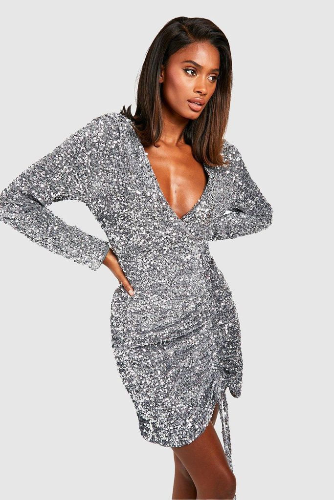 Womens Sequin Ruched Wrap Party Dress - Grey - 8, Grey