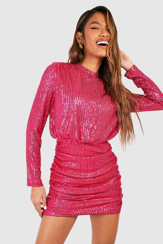 Womens Sequin Ruched Drape Mini Dress - Pink - 8, Pink