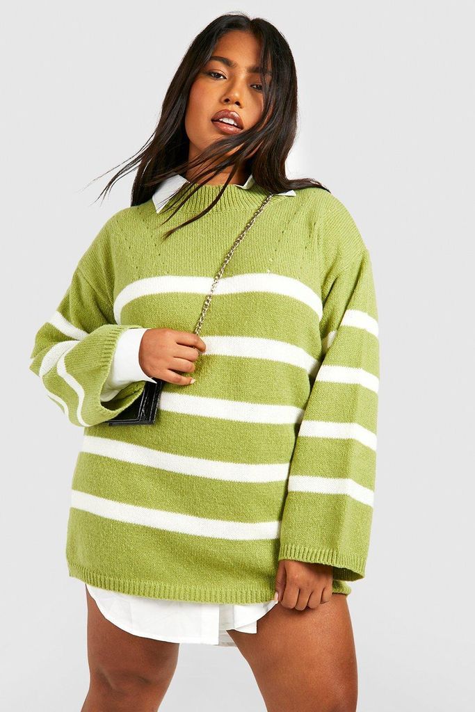 Womens Plus Stripe 2 In 1 Shirt Jumper - Green - 24, Green