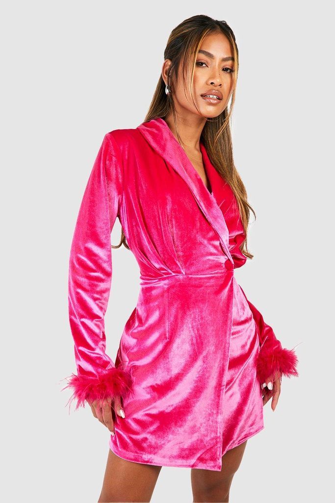 Womens Velvet Feather Trim Wrap Blazer Party Dress - Pink - 8, Pink