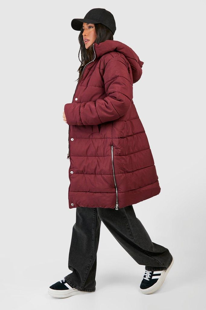 Womens Petite Longline Zip Detail Puffer Jacket - Red - 4, Red