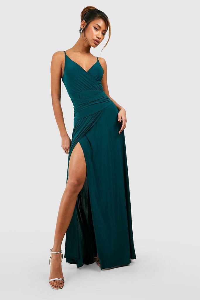Womens Slinky Wrap Ruched Strappy Maxi Bridesmaid Dress - Green - 8, Green