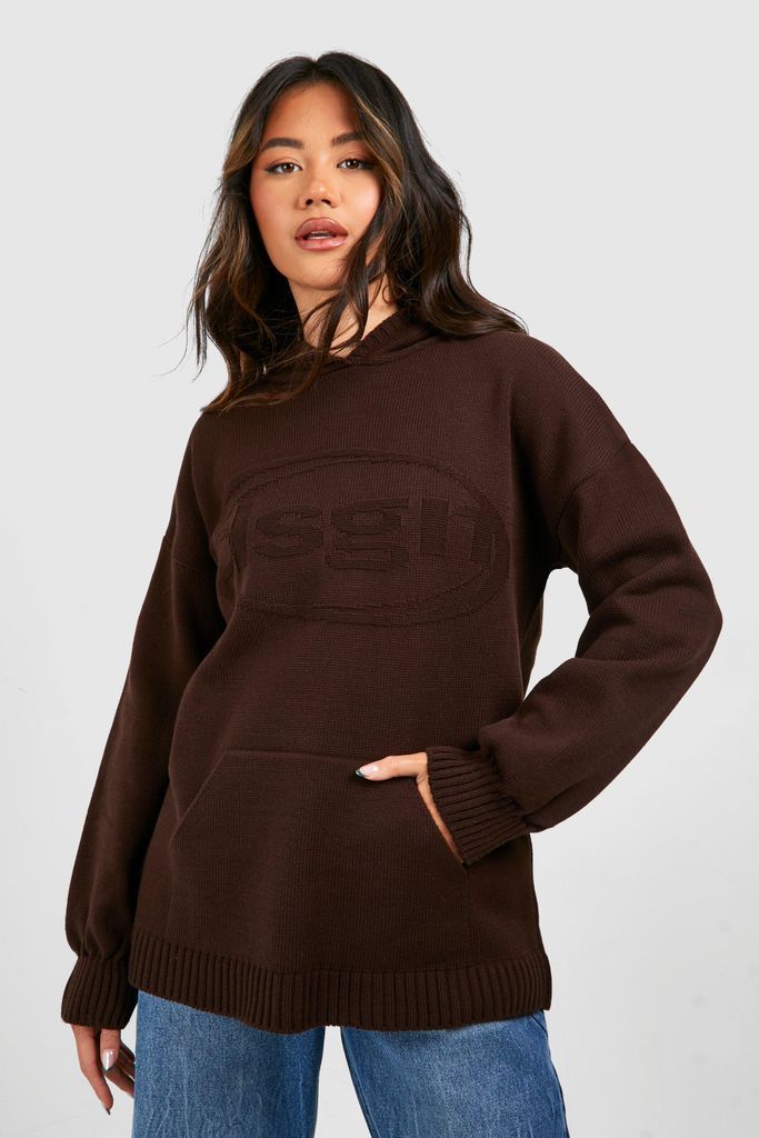 Womens Dsgn Embossed Oversized Knitted Hoodie - Brown - S, Brown