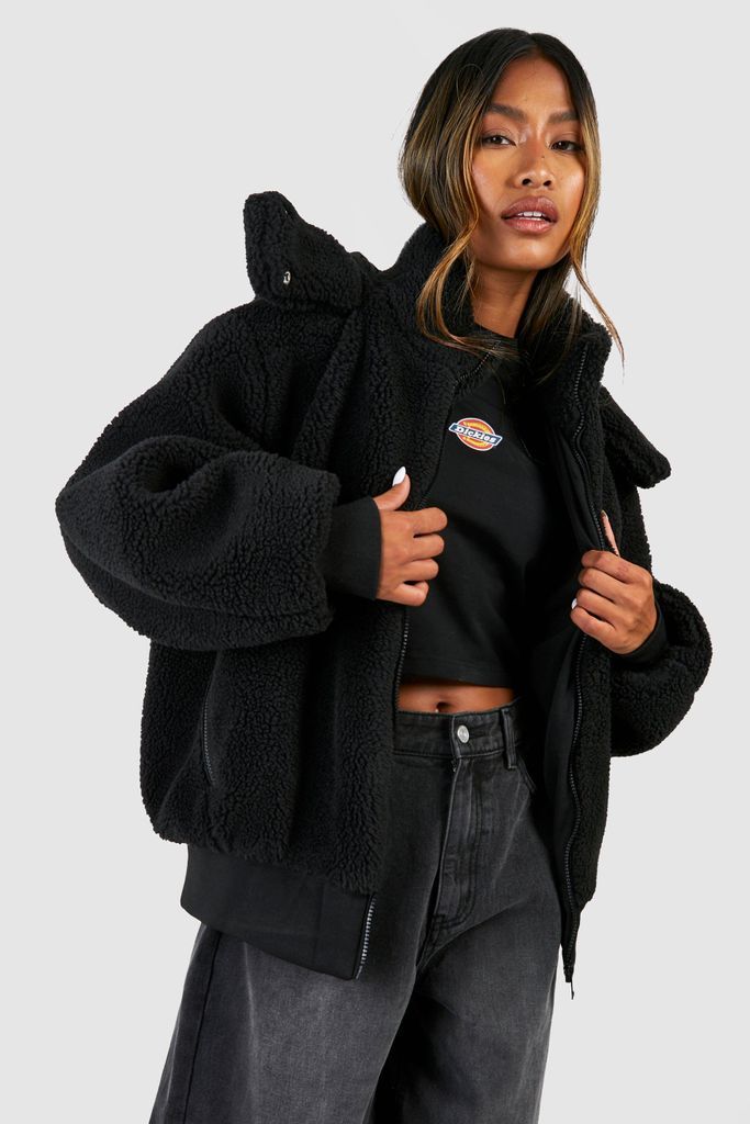 Womens Hooded Faux Fur Zip Detail Jacket - Black - 8, Black