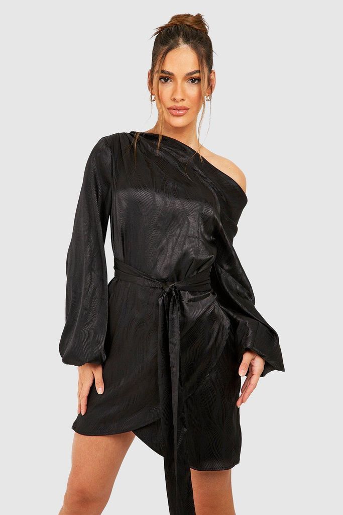 Womens Jacqard Satin Wrap Mini Dress - Black - 8, Black