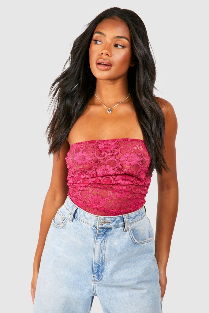 Womens Lace Ruched Bandeau Top - Pink - 6, Pink