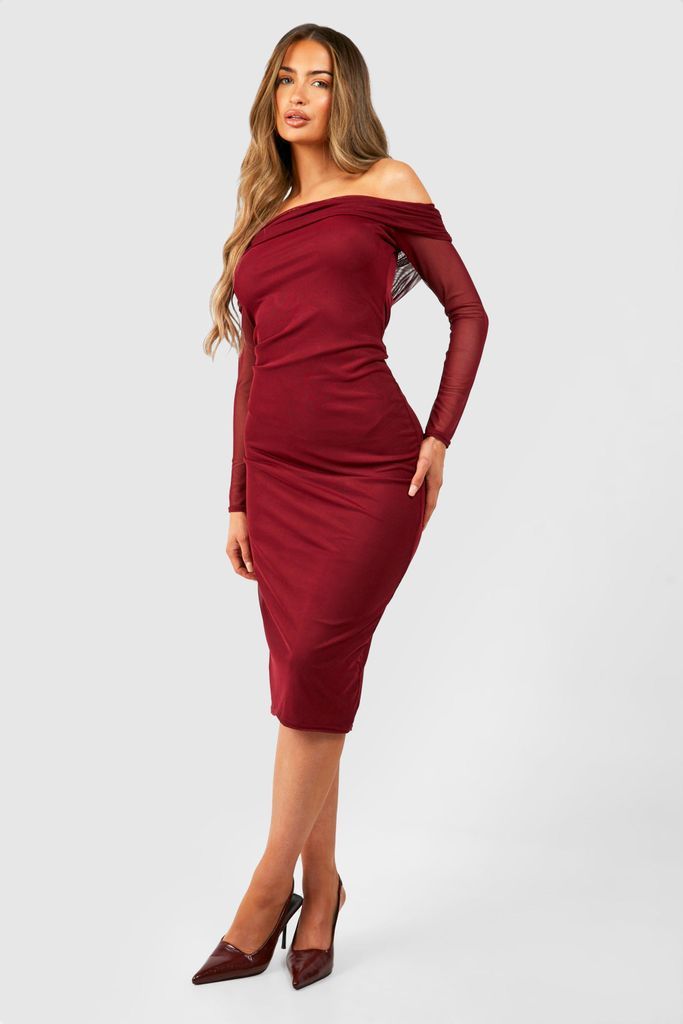 Womens Mesh Bardot Midaxi Dress - Red - 8, Red