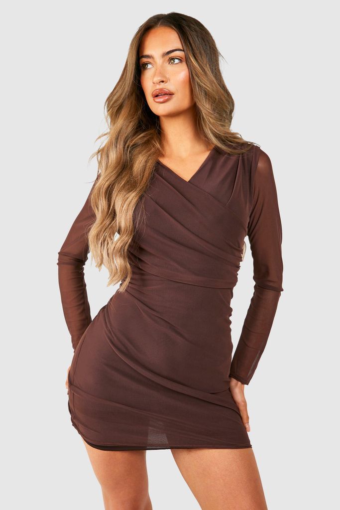 Womens Mesh Cross Over Ruched Mini Dress - Brown - 8, Brown