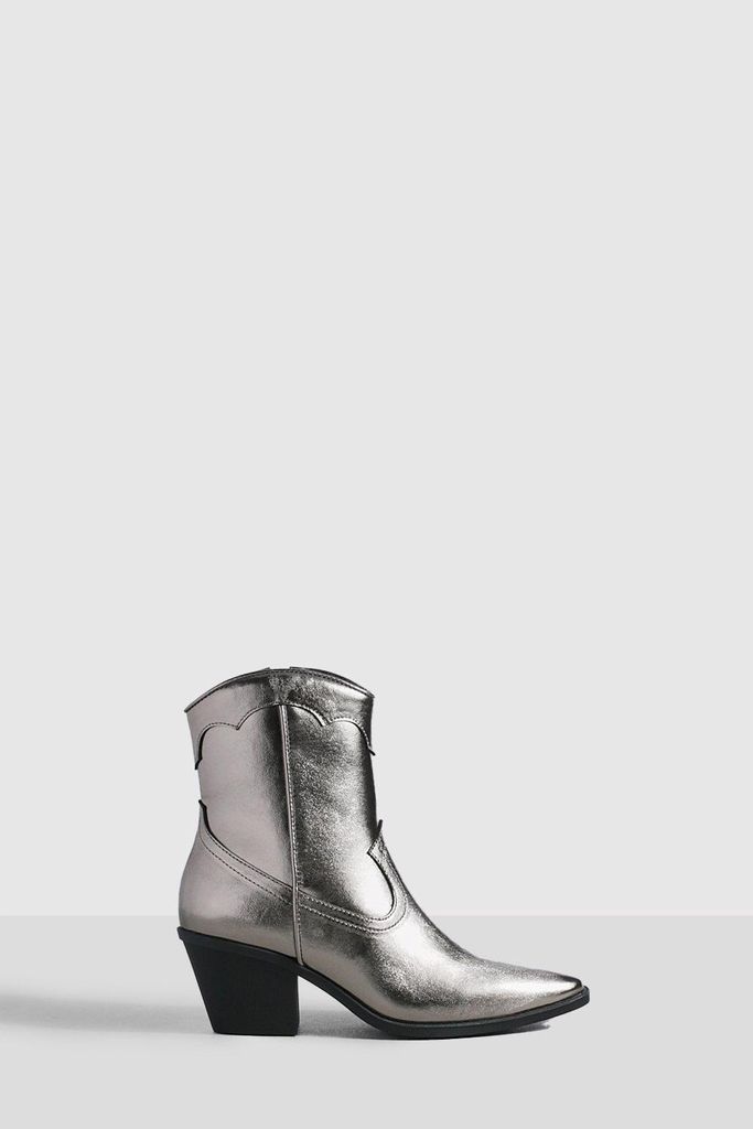 Womens Metallic Cowboy Western Ankle Boots - Grey - 4, Grey