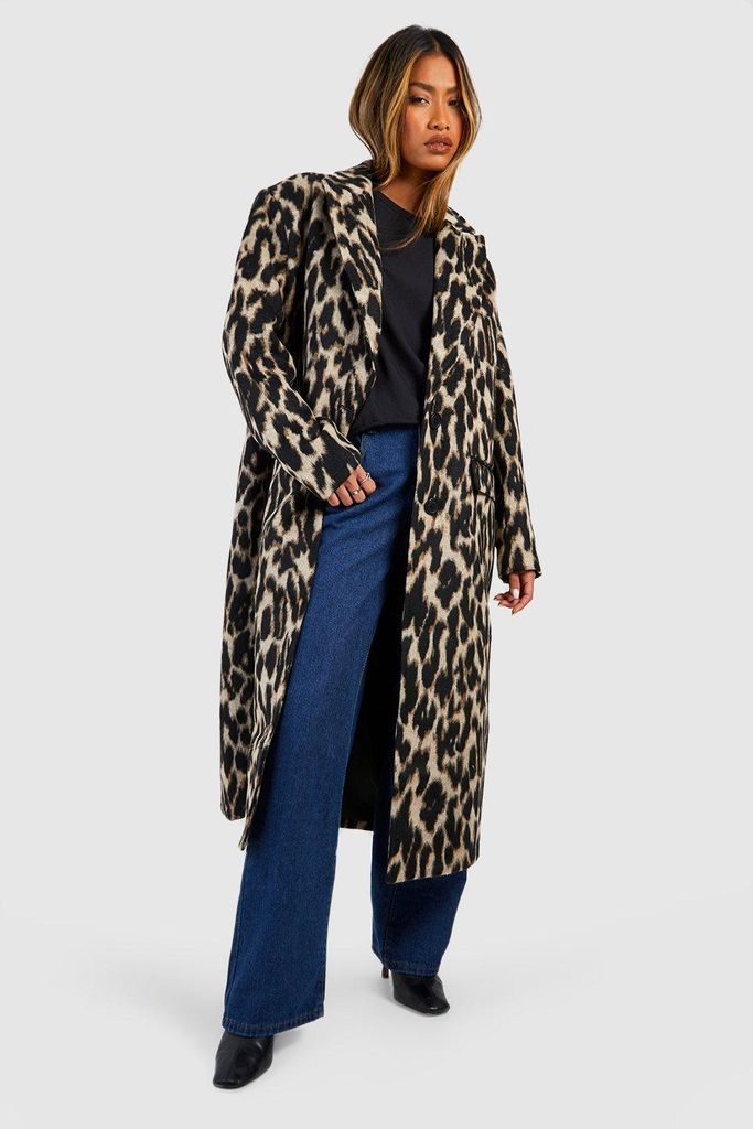 Womens Oversized Textured Leopard Print Wool Look Coat - Multi - 8, Multi