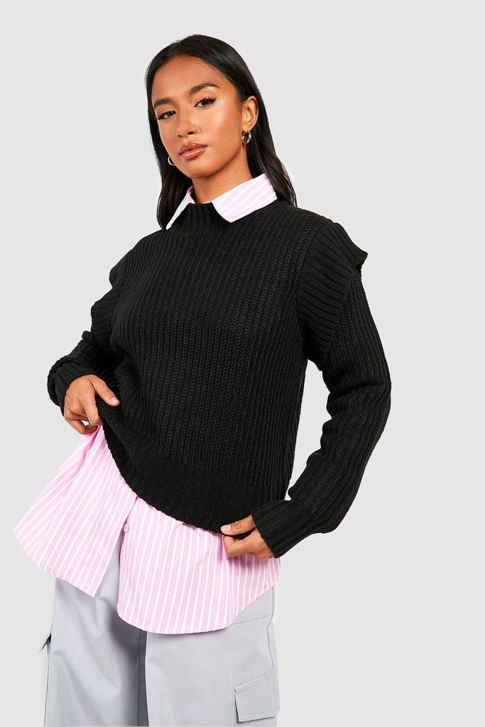 Womens Petite Cable Knit Shoulder Detail Jumper - Black - S, Black