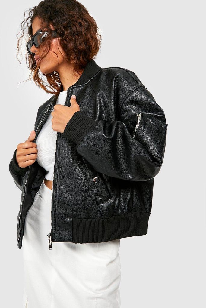Womens Petite Faux Leather Pocket Detail Bomber Jacket - Black - 6, Black