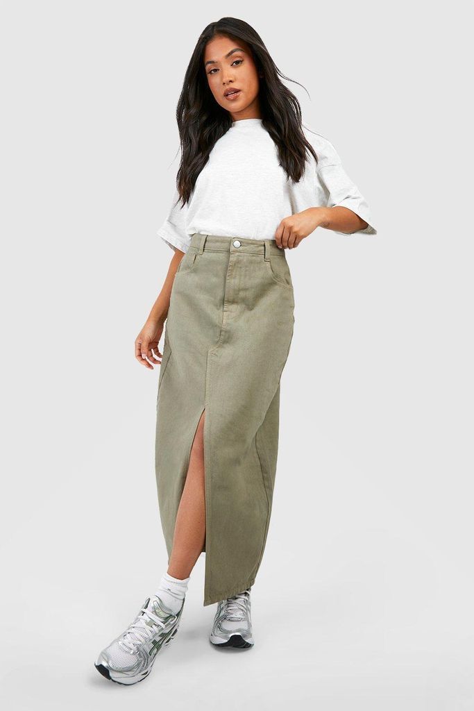 Womens Petite Split Front Denim Maxi Skirt - Green - 6, Green
