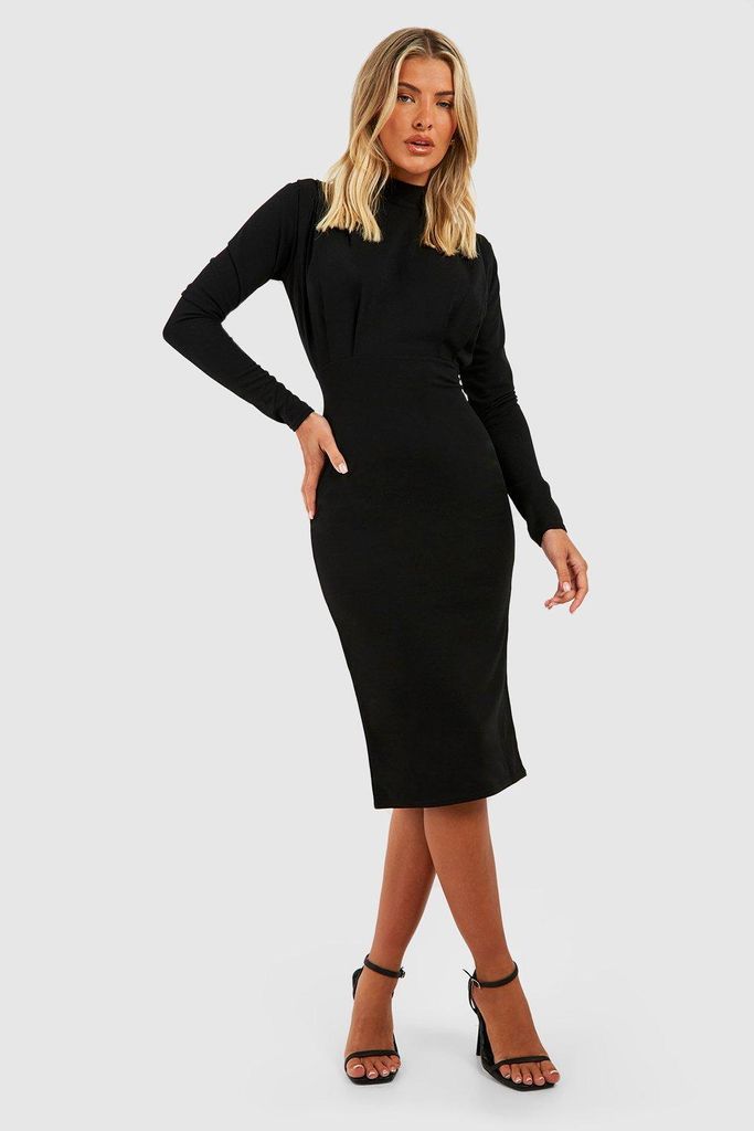 Womens Pleat Detail High Neck Midi Dress - Black - 6, Black