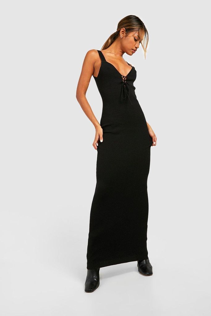 Womens Plunge Lace Up Rin Knit Maxi Dress - Black - 8, Black