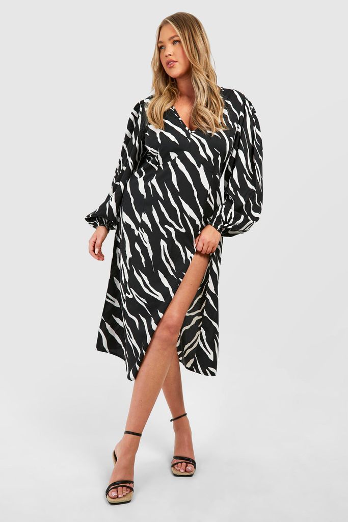 Womens Plus Animal Print Blouson Sleeve Midi Dress - Black - 16, Black