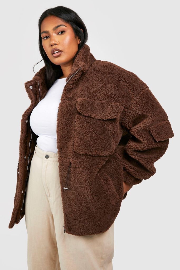 Womens Plus Teddy Faux Fur Utility Jacket - Brown - 16, Brown
