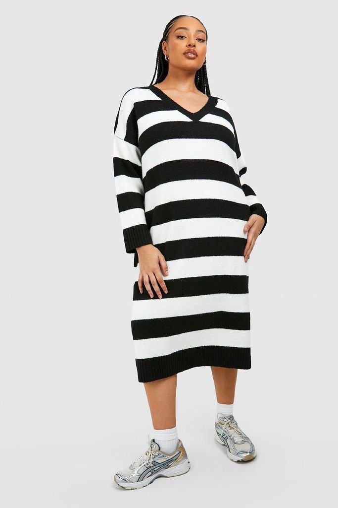 Womens Plus V Neck Stripe Jumper Dress - Black - 24, Black