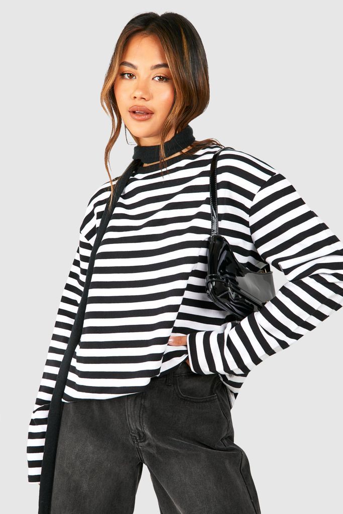 Womens Premium Stripe Terry Oversized Long Sleeve Tee - Black - 6, Black
