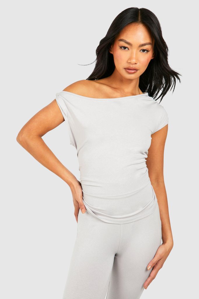 Womens Premium Super Soft Ruched One Shoulder Drape Top - Grey - 6, Grey