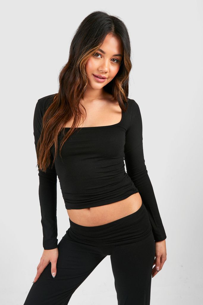 Womens Premium Super Soft Square Neck Long Sleeve Top - Black - 6, Black