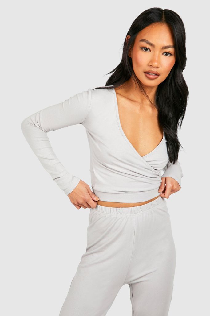Womens Premium Super Soft Wrap Long Sleeve Crop Top - Grey - 6, Grey