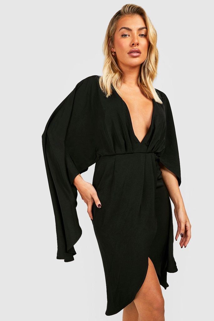 Womens Satin Cape Sleeve Wrap Midi Dress - Black - 8, Black