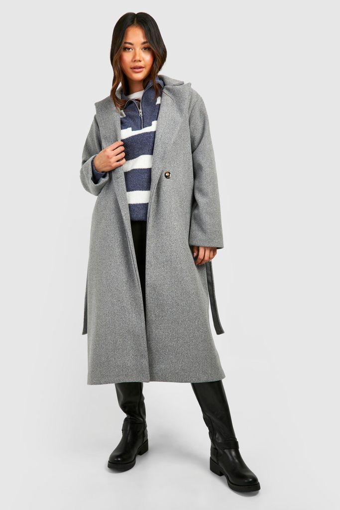 Womens Shoulder Pad Belted Wool Look Coat - Grey - 8, Grey