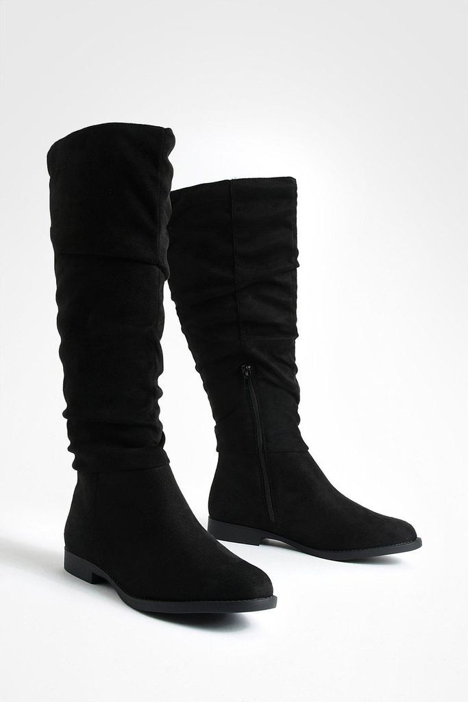 Womens Slouchy Knee High Flat Boots - Black - 4, Black