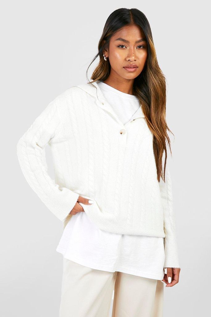 Womens Soft Cable Knit Polo Collar Jumper - White - S, White