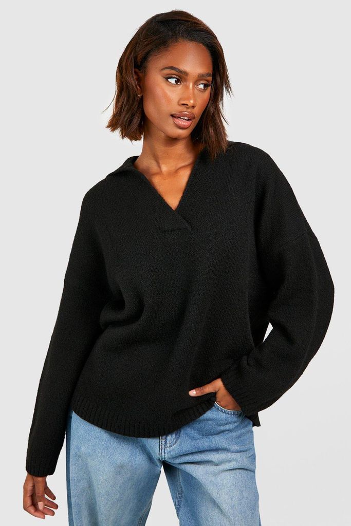 Womens Soft Knit Overszied Polo Collar Jumper - Black - S, Black