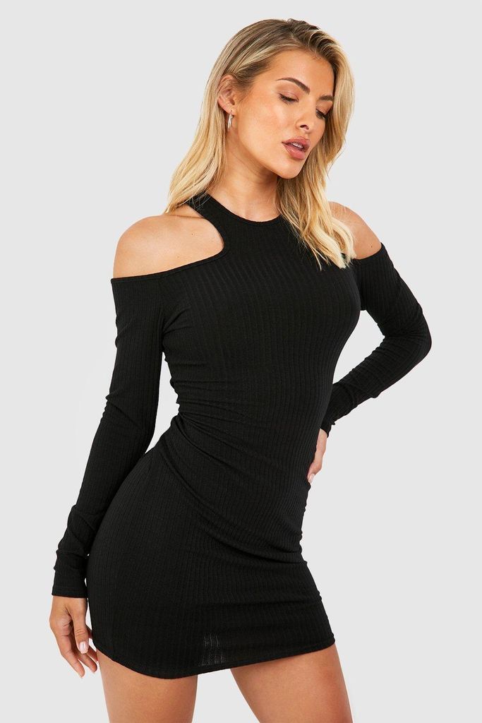Womens Soft Rib Long Sleeve Shoulder Cut Out Mini Dress - Black - 8, Black