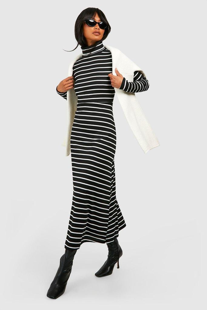 Womens Stripe Roll Neck Midaxi Dress - Black - 8, Black