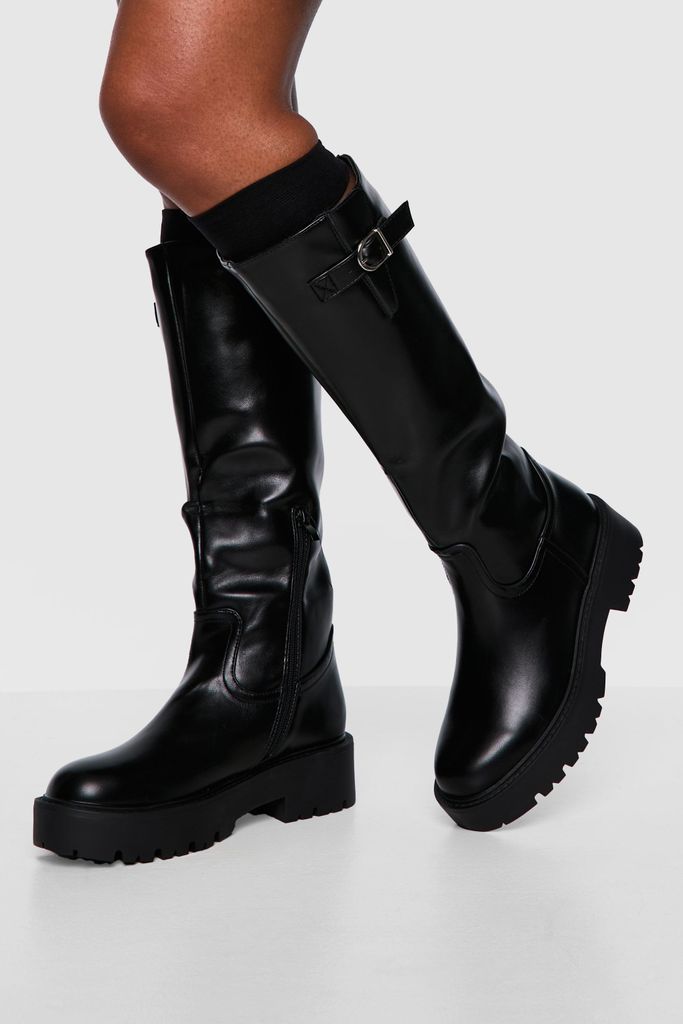 Womens Chunky Sole Buckle Knee High Boots - Black - 3, Black