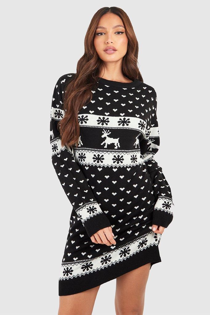 Womens Tall Reindeers & Snowman Christmas Jumper Dress - Black - S, Black