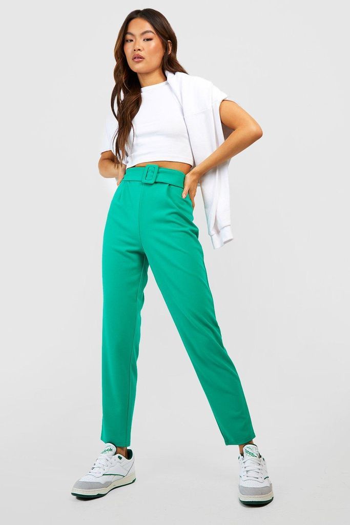 Womens High Waisted Buckle Belted Tapered Trousers - Green - 6, Green
